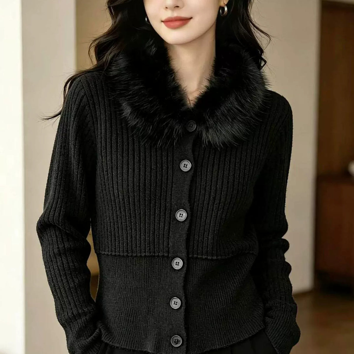 ファー襟 リブニット カーディガン